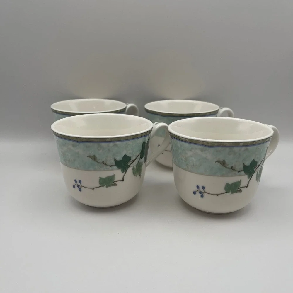 VTG Noritake Homecraft Ivy Grove Cups Set of 4 Green‎ Leaf Vine Porcelain Mugs